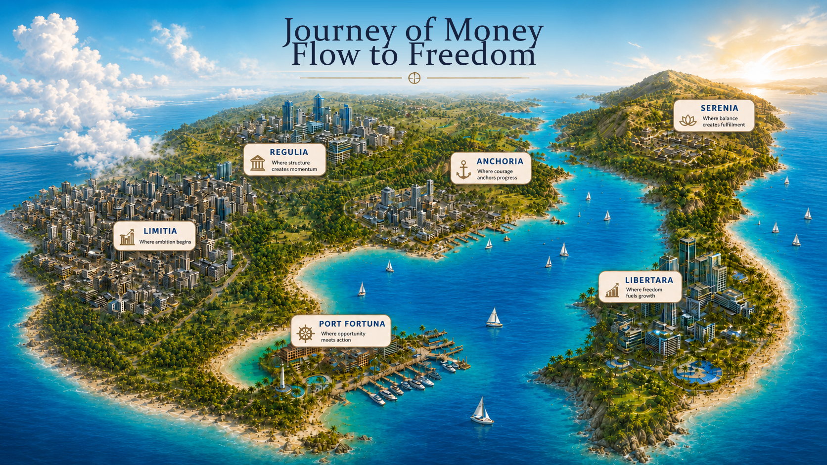 Journey of Money · Flow to Freedom, die Finanzreise von Limitia nach Serenia